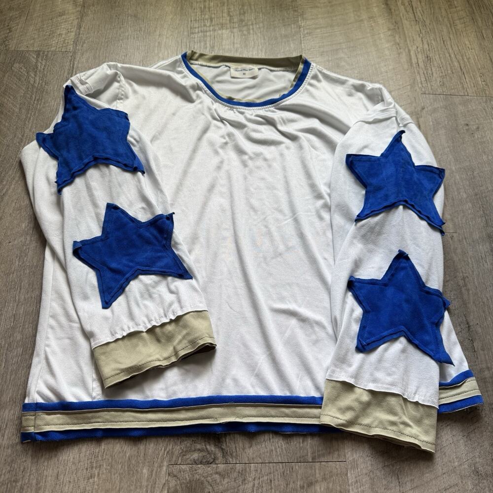 You're A Star Top Womens M Blue Star Sleeve Top FP Dupe Long Sleeve Relaxed Fit